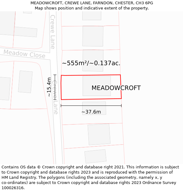 MEADOWCROFT, CREWE LANE, FARNDON, CHESTER, CH3 6PG: Plot and title map