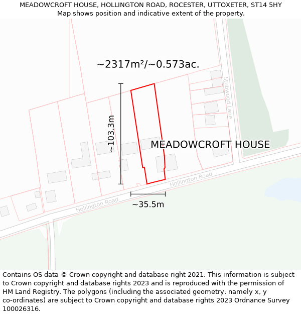 MEADOWCROFT HOUSE, HOLLINGTON ROAD, ROCESTER, UTTOXETER, ST14 5HY: Plot and title map