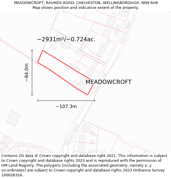 MEADOWCROFT, RAUNDS ROAD, CHELVESTON, WELLINGBOROUGH, NN9 6AB: Plot and title map