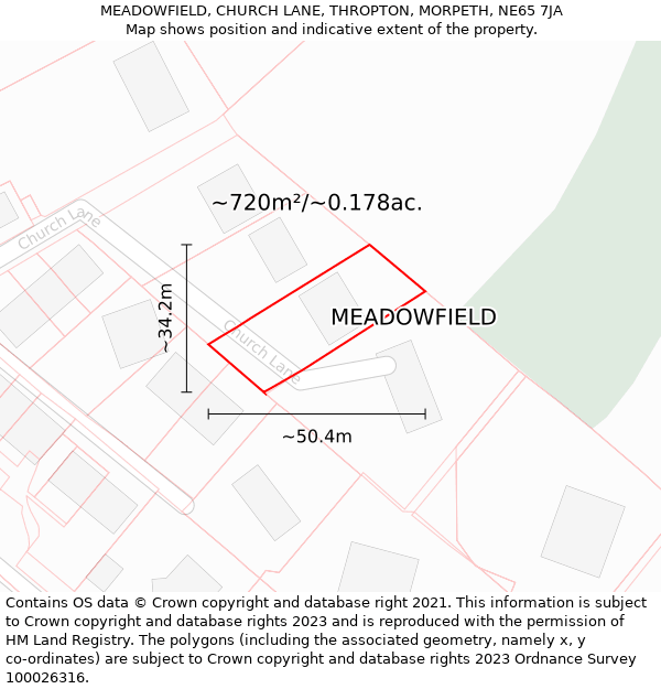 MEADOWFIELD, CHURCH LANE, THROPTON, MORPETH, NE65 7JA: Plot and title map