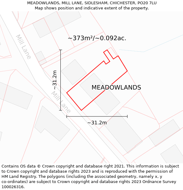 MEADOWLANDS, MILL LANE, SIDLESHAM, CHICHESTER, PO20 7LU: Plot and title map