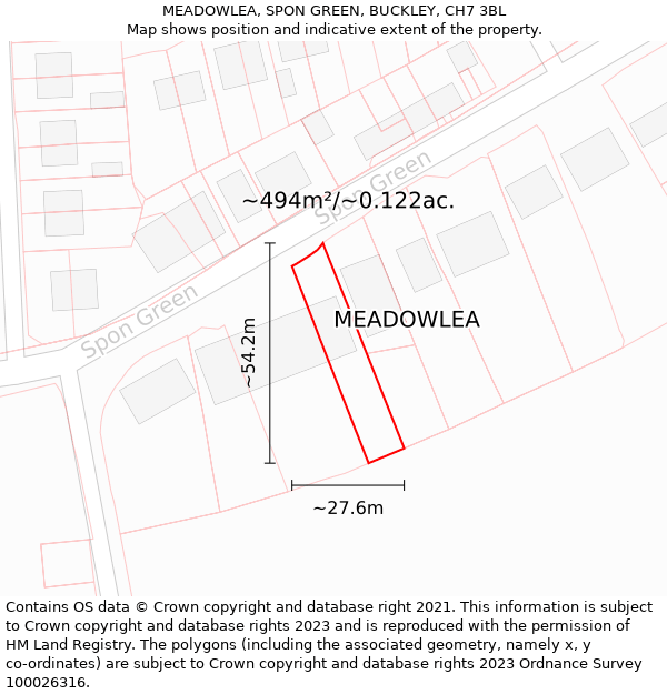 MEADOWLEA, SPON GREEN, BUCKLEY, CH7 3BL: Plot and title map