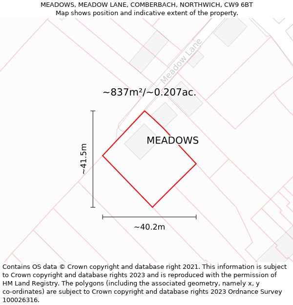 MEADOWS, MEADOW LANE, COMBERBACH, NORTHWICH, CW9 6BT: Plot and title map