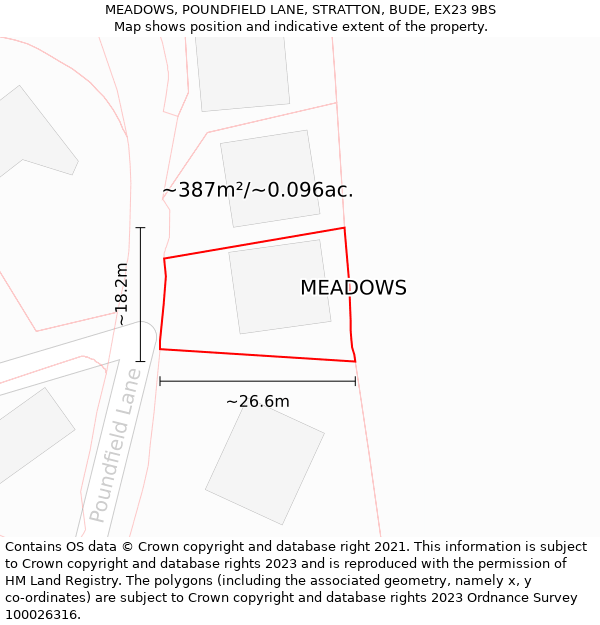 MEADOWS, POUNDFIELD LANE, STRATTON, BUDE, EX23 9BS: Plot and title map