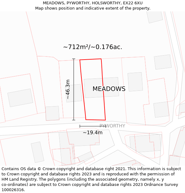 MEADOWS, PYWORTHY, HOLSWORTHY, EX22 6XU: Plot and title map
