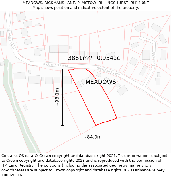 MEADOWS, RICKMANS LANE, PLAISTOW, BILLINGSHURST, RH14 0NT: Plot and title map