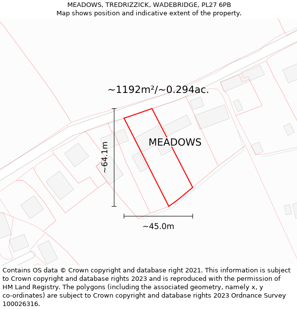 MEADOWS, TREDRIZZICK, WADEBRIDGE, PL27 6PB: Plot and title map