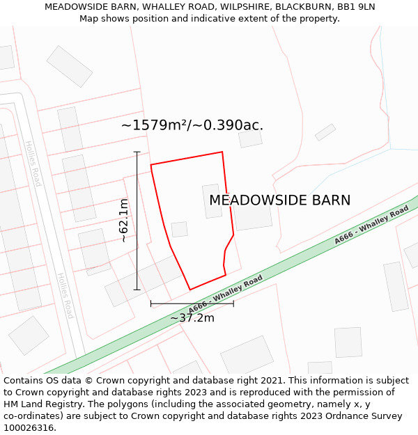 MEADOWSIDE BARN, WHALLEY ROAD, WILPSHIRE, BLACKBURN, BB1 9LN: Plot and title map