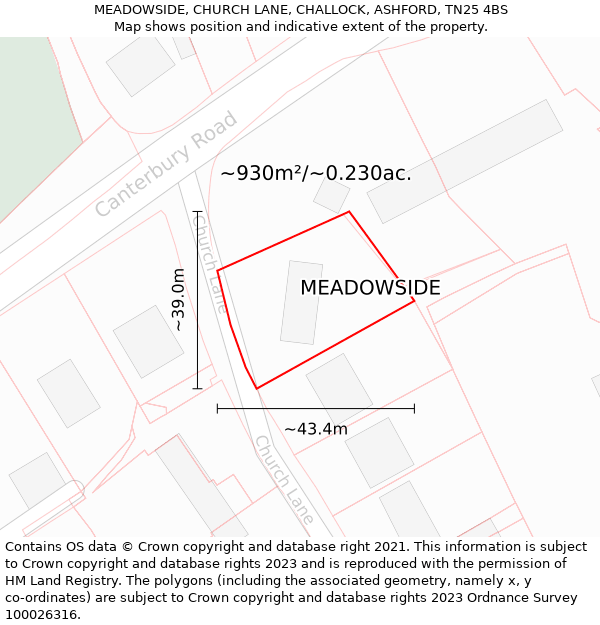 MEADOWSIDE, CHURCH LANE, CHALLOCK, ASHFORD, TN25 4BS: Plot and title map