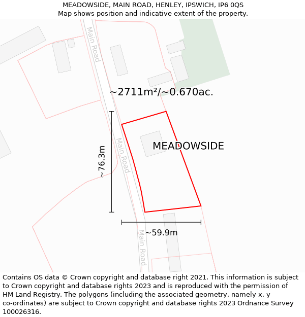 MEADOWSIDE, MAIN ROAD, HENLEY, IPSWICH, IP6 0QS: Plot and title map