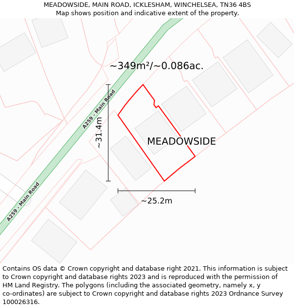 MEADOWSIDE, MAIN ROAD, ICKLESHAM, WINCHELSEA, TN36 4BS: Plot and title map