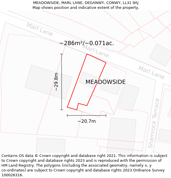 MEADOWSIDE, MARL LANE, DEGANWY, CONWY, LL31 9AJ: Plot and title map