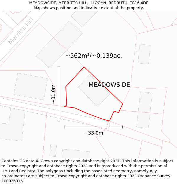 MEADOWSIDE, MERRITTS HILL, ILLOGAN, REDRUTH, TR16 4DF: Plot and title map