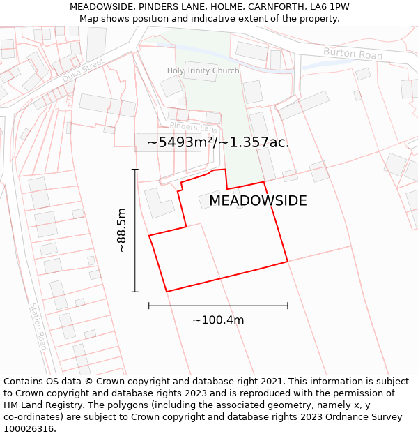 MEADOWSIDE, PINDERS LANE, HOLME, CARNFORTH, LA6 1PW: Plot and title map