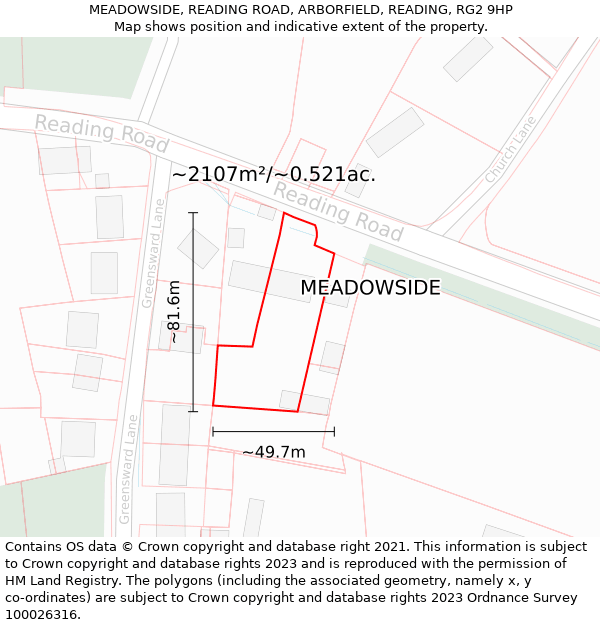 MEADOWSIDE, READING ROAD, ARBORFIELD, READING, RG2 9HP: Plot and title map