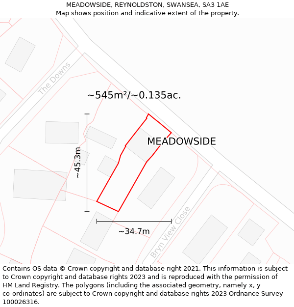 MEADOWSIDE, REYNOLDSTON, SWANSEA, SA3 1AE: Plot and title map