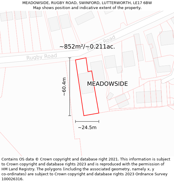 MEADOWSIDE, RUGBY ROAD, SWINFORD, LUTTERWORTH, LE17 6BW: Plot and title map