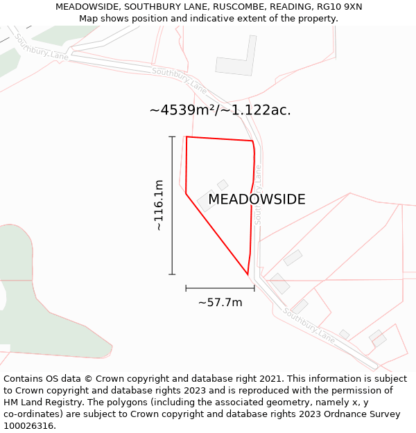 MEADOWSIDE, SOUTHBURY LANE, RUSCOMBE, READING, RG10 9XN: Plot and title map