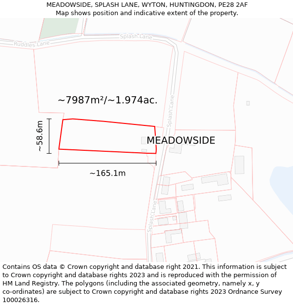 MEADOWSIDE, SPLASH LANE, WYTON, HUNTINGDON, PE28 2AF: Plot and title map