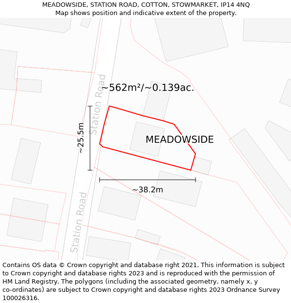 MEADOWSIDE, STATION ROAD, COTTON, STOWMARKET, IP14 4NQ: Plot and title map