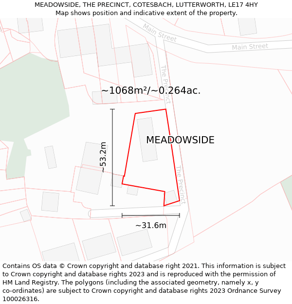 MEADOWSIDE, THE PRECINCT, COTESBACH, LUTTERWORTH, LE17 4HY: Plot and title map