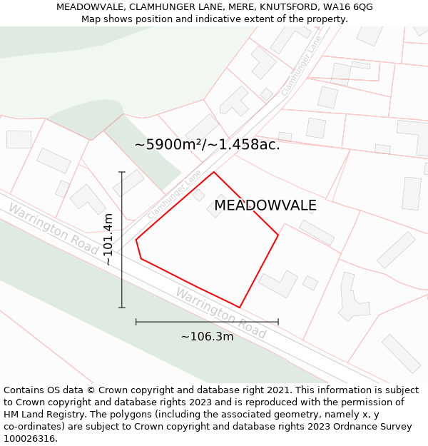 MEADOWVALE, CLAMHUNGER LANE, MERE, KNUTSFORD, WA16 6QG: Plot and title map