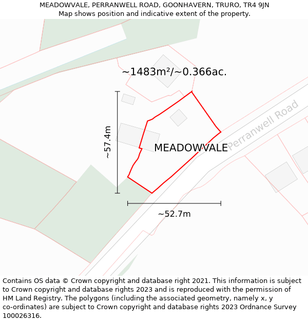 MEADOWVALE, PERRANWELL ROAD, GOONHAVERN, TRURO, TR4 9JN: Plot and title map