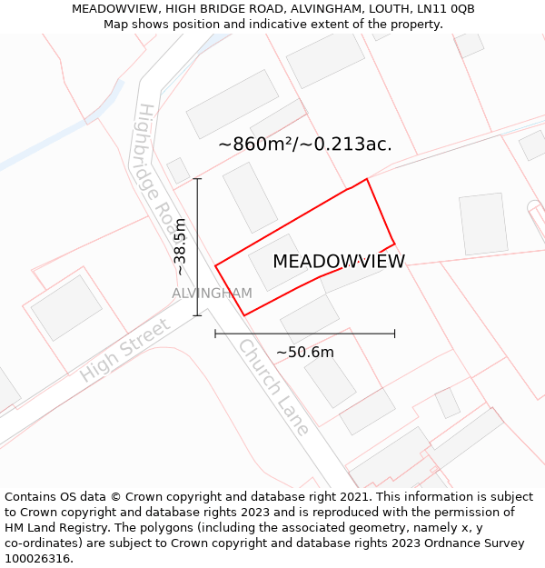 MEADOWVIEW, HIGH BRIDGE ROAD, ALVINGHAM, LOUTH, LN11 0QB: Plot and title map