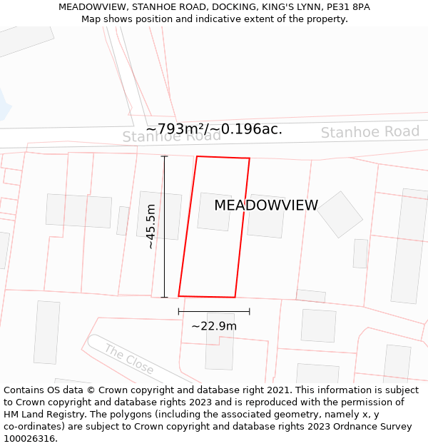 MEADOWVIEW, STANHOE ROAD, DOCKING, KING'S LYNN, PE31 8PA: Plot and title map