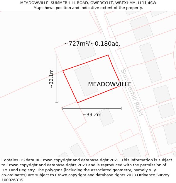 MEADOWVILLE, SUMMERHILL ROAD, GWERSYLLT, WREXHAM, LL11 4SW: Plot and title map