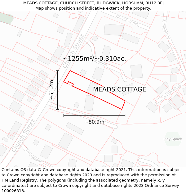 MEADS COTTAGE, CHURCH STREET, RUDGWICK, HORSHAM, RH12 3EJ: Plot and title map