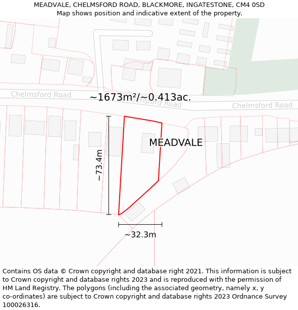 MEADVALE, CHELMSFORD ROAD, BLACKMORE, INGATESTONE, CM4 0SD: Plot and title map