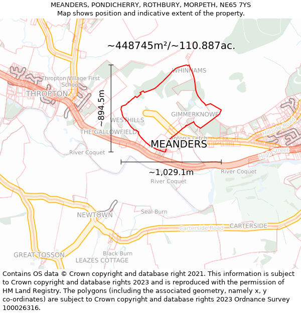 MEANDERS, PONDICHERRY, ROTHBURY, MORPETH, NE65 7YS: Plot and title map