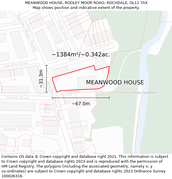 MEANWOOD HOUSE, ROOLEY MOOR ROAD, ROCHDALE, OL12 7AX: Plot and title map