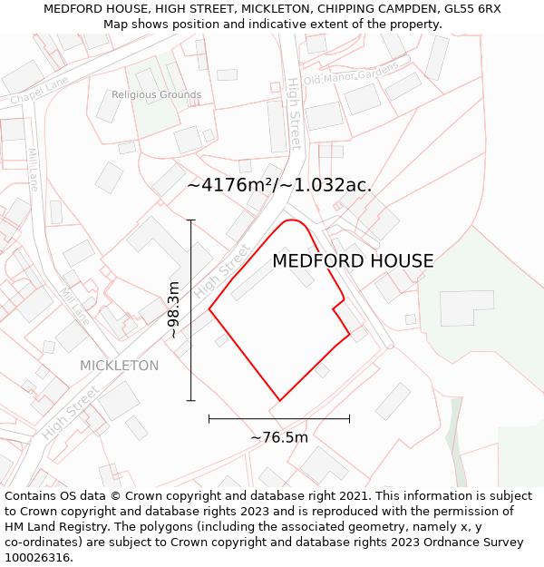 MEDFORD HOUSE, HIGH STREET, MICKLETON, CHIPPING CAMPDEN, GL55 6RX: Plot and title map
