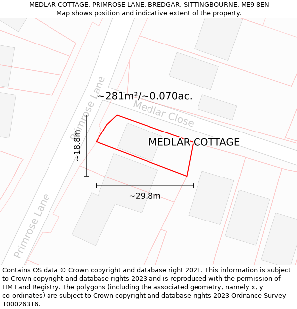 MEDLAR COTTAGE, PRIMROSE LANE, BREDGAR, SITTINGBOURNE, ME9 8EN: Plot and title map