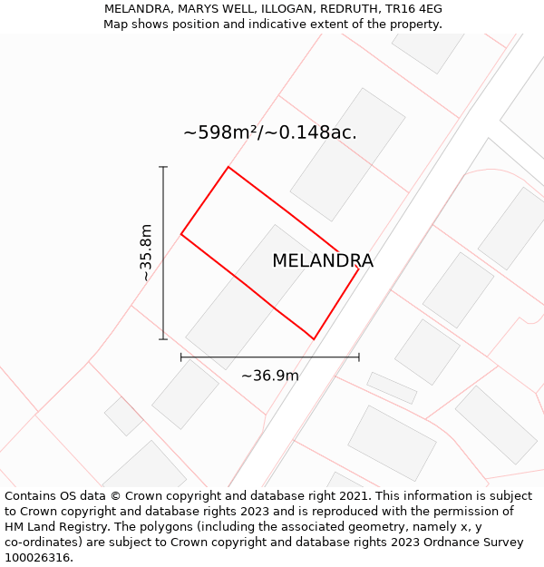 MELANDRA, MARYS WELL, ILLOGAN, REDRUTH, TR16 4EG: Plot and title map