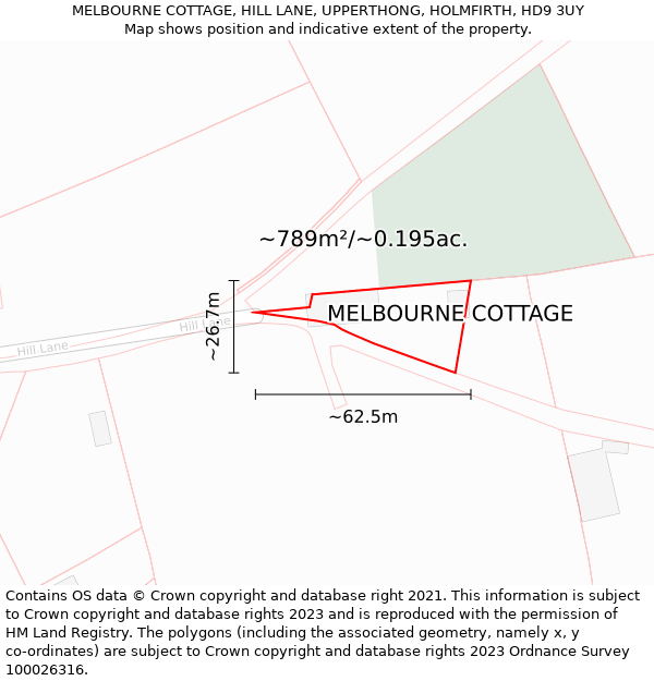 MELBOURNE COTTAGE, HILL LANE, UPPERTHONG, HOLMFIRTH, HD9 3UY: Plot and title map