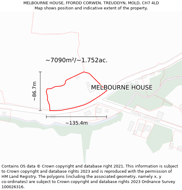 MELBOURNE HOUSE, FFORDD CORWEN, TREUDDYN, MOLD, CH7 4LD: Plot and title map