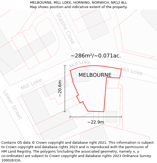 MELBOURNE, MILL LOKE, HORNING, NORWICH, NR12 8LL: Plot and title map