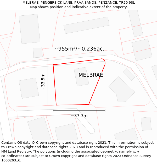 MELBRAE, PENGERSICK LANE, PRAA SANDS, PENZANCE, TR20 9SL: Plot and title map