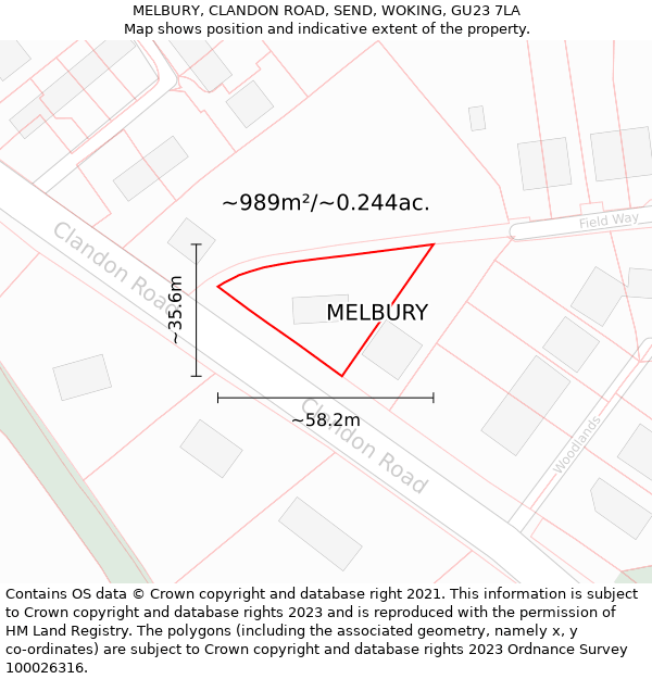 MELBURY, CLANDON ROAD, SEND, WOKING, GU23 7LA: Plot and title map