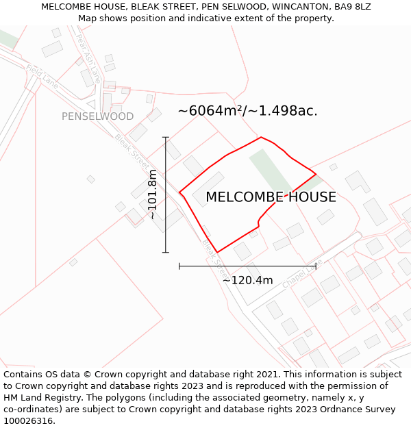 MELCOMBE HOUSE, BLEAK STREET, PEN SELWOOD, WINCANTON, BA9 8LZ: Plot and title map