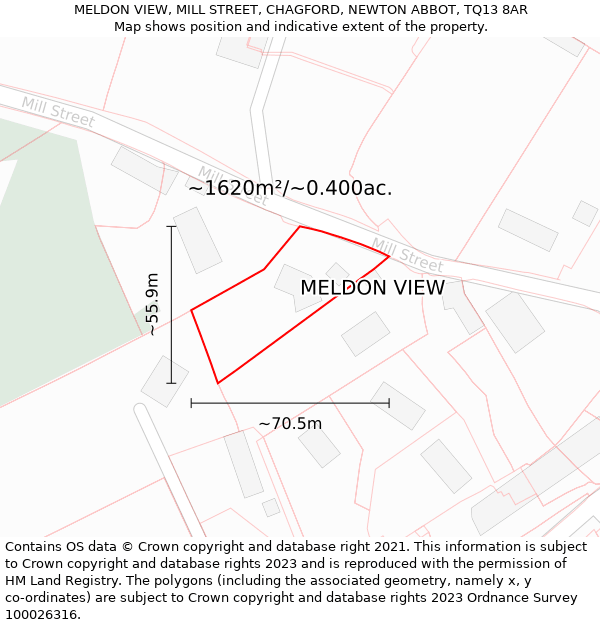 MELDON VIEW, MILL STREET, CHAGFORD, NEWTON ABBOT, TQ13 8AR: Plot and title map