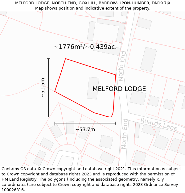 MELFORD LODGE, NORTH END, GOXHILL, BARROW-UPON-HUMBER, DN19 7JX: Plot and title map