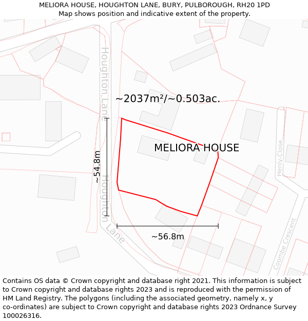 MELIORA HOUSE, HOUGHTON LANE, BURY, PULBOROUGH, RH20 1PD: Plot and title map