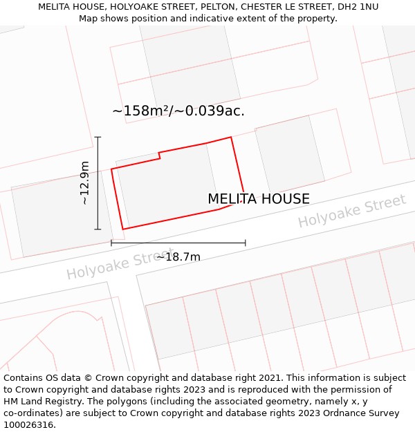 MELITA HOUSE, HOLYOAKE STREET, PELTON, CHESTER LE STREET, DH2 1NU: Plot and title map