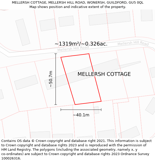 MELLERSH COTTAGE, MELLERSH HILL ROAD, WONERSH, GUILDFORD, GU5 0QL: Plot and title map