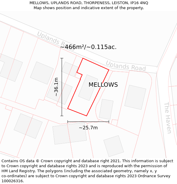 MELLOWS, UPLANDS ROAD, THORPENESS, LEISTON, IP16 4NQ: Plot and title map