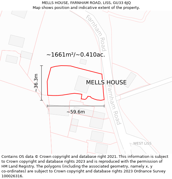 MELLS HOUSE, FARNHAM ROAD, LISS, GU33 6JQ: Plot and title map